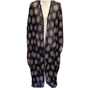 Meet Me in Miami Kimono Beach Wear Duster Robe Navy Pom Pom Trim